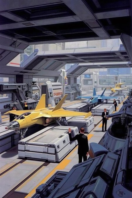 sydme1 painting 
a futuristic spaceport or hangar, likely from a science fiction setting. The scene is set in a high-tech, industrial environment with metallic surfaces and advanced machinery. The foreground features a sleek, yellow and white jet aircraft on a raised platform, flanked by two men in dark business suits, standing and discussing. The jet has a sleek, aerodynamic design with a cockpit and wings, suggesting it's a high-performance craft. <lora:sydme6_cap_d6a3:1.0><lora:811017347642083624:0>