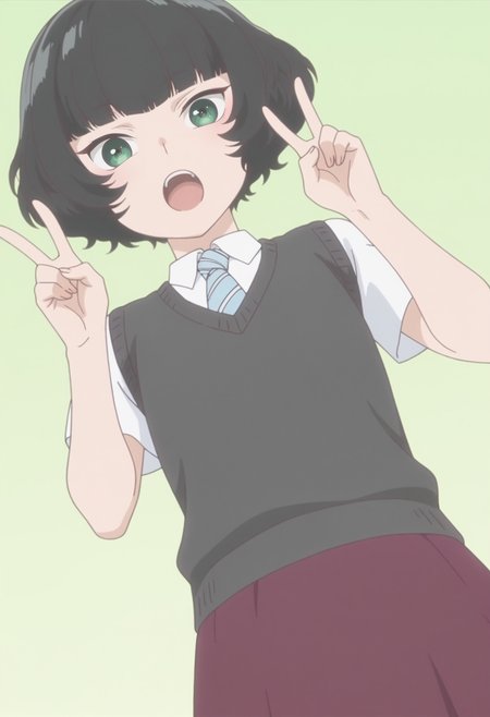 anime screencap, anime coloring,   <lora:DX888Hitoha:1> hongou hitoha, green eyes, black hair,short hair, blunt bangs, BREAK school uniform, white shirt, striped necktie, sweater vest, skirt, socks,  BREAK simple background,  green background, BREAK  1girl, cowboy shot, double v, hands up, happy, looking at viewer,  open mouth, solo, teeth, upper teeth only, v,  upper body, from from below, dutch angle,