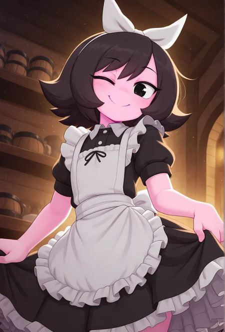 masterpiece,best quality,amazing quality, <lora:marigold_cabronpr_noob_v1.1f:0.75> marigold, 1girl, solo, hairbow, no nose, black eyes, looking at viewer, smile, one eye closed, BREAK
maid, frilled dress, apron, cafe, dark, low lighting, dim lighting, light particles, tavern, depth of field, detailed backgorund, <lora:merunyaa_style_illustrious_v1f:1> mnyastyle