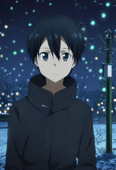 high resolution, solo, best quality, 1Boy, Kazuto Kirigaya, Black Hair, Black Eyes, winter, Northern Lights, Stargazing, OverallDetail