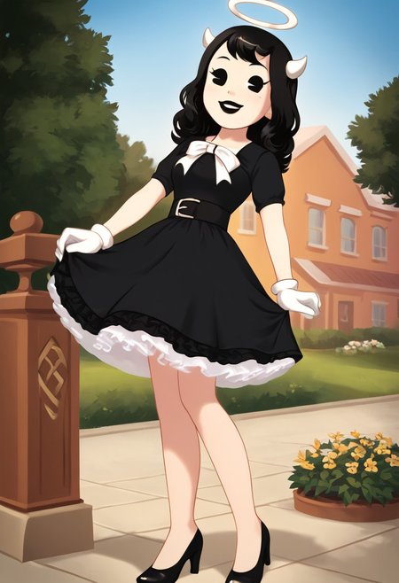 (Masterpiece, best quality:1.2), score_9, score_8_up, flat color, flat shading, soft shading, lighting, Alice Angel in a 1950's dress, a fluffy frilly ruffled full petticoat, and high heels, dress, layered petticoat, frilly petticoat, fluffy petticoat, full petticoat, wide dress, flowing dress, solid colored skirt, short sleeves, black hair, Bendy and The Ink Machine, series accurate, cute, best high quality, high res, black lips, white colored skin, whole body shot, 1girl, solo, outside, standing straight, in a garden, cute, adorable, smile, skirt tug, ground level angle, low upward angle, cartoon, cartoon style, vector, solo, circle dress, 1950s, alice angel