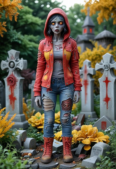 (medium full shot) of (ghastly zombie) feminine, curvy body, glowing yellow eyes,  wearing blood red torn jacket, worn-out trousers, broken boots, gory scars, worn-out hood, set in  a decrepit graveyard, with overgrown weeds, dilapidated mausoleums, and an ominous silence, Masterpiece,best quality, very aesthetic,
