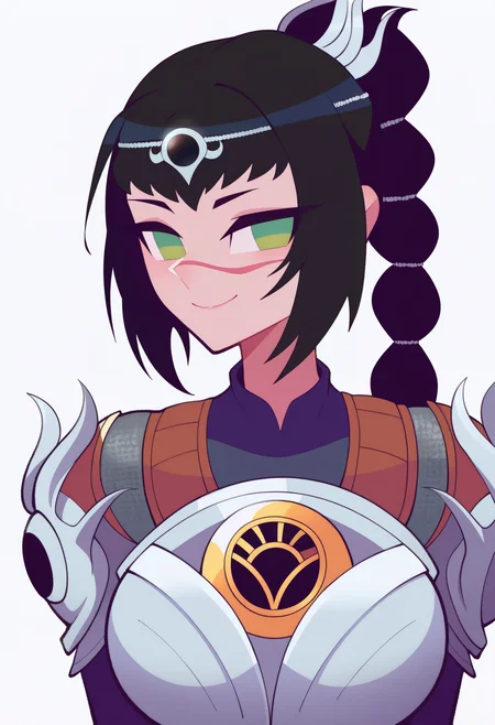 best quality, amazing quality, very aesthetic, absurdres,
BREAK
1girl, solo, shadowheart, black hair, braided ponytail, green eyes, scar on face, circlet, armor, large breasts,
smile, looking at viewer, upper body, simple background, white background, <lora:ShadowHeartIllustrious_byKonan:1>,   <lora:FlipherrNoobLocon_byKonan:1>