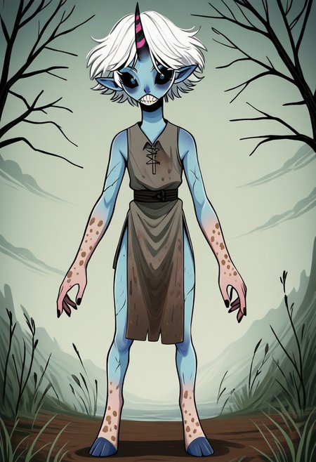((Alien humanoid)), solo, androgynous, aquatic features 
blue skin, ((webbed skin between fingers)),
((nostrils only, nostril slits, vertical nasal slits, narrow nostrils)):1.6, ((narrow eyes)), ((black sclera, black irises)), smooth skin,  pointy ears, small ears, tiny ears, holes in skin, forehead horn, short horn, veiny horn, ((single horn)):1.0, ((4 fingers)), fingernails, thin lips, ((white hair)), ((short hair, spiky hair)), sharp teeth, ((digitigrade legs)), bent legs,
full body shot
ragged clothes, muddy clothes, loincloth, tunic, dirty
Medieval style, fantasy style,
style: f33f4l,
((Variety)):1.2
((dutch angle))
river background
fully clothed, loose clothing, clean lines, smooth colors, detailed fingers, sfw, source: semi-realistic, rating: pg, score: 8 up, score: 9