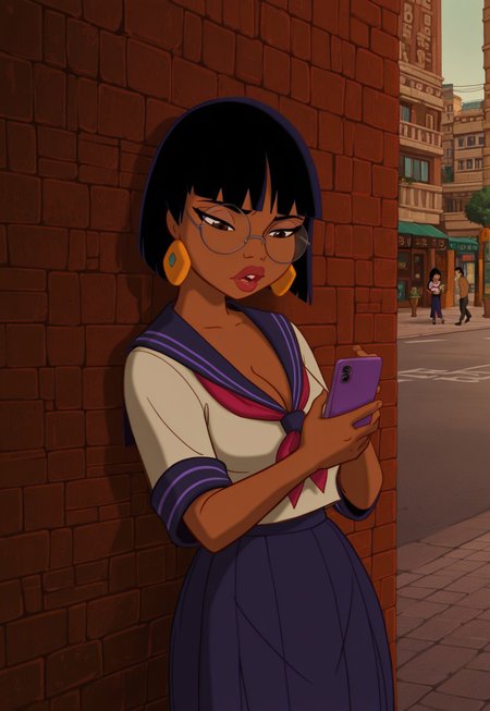 safe_pos, chel, 1girl, black hair, dark skin, earrings, dark-skinned female,street, city,serafuku,cleavage  bangs, breasts, bored,lips,school uniform,bob cut,  looking down at phone, texting,phone,holding cowboy shot,round eyewear, disposable cup,straw against wall,