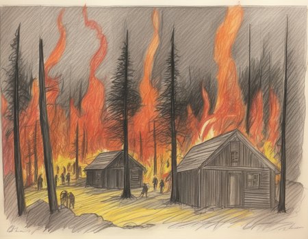 A harrowing scene of a forest fire in the deep mountains, engulfing a few wooden cabins, depicted as a hellish inferno. The fire rages with towering flames, thick smoke, and glowing embers, consuming trees, bushes, and the wooden cabins. The perspective might include a terrified observer or wildlife fleeing the scene, adding to the chaos and urgency. The scene should be as vivid and detailed as a high-resolution painting or illustration, with harsh and dramatic lighting that emphasizes the destructive power of the fire, the heat, and the apocalyptic atmosphere. The wooden cabins should be detailed, showing signs of burning and distress, <lora:crayons_v1_sdxl:0.85>