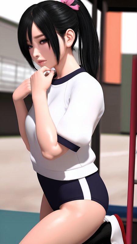 amazing quality,absurdres,best quality,masterpiece,highres,newest,detailed,detailed body,detailed face,masterpiece,best quality,solo,
Horny Girl,1girl,solo,black hair,gym uniform,buruma,shoes,socks,ponytail,3d,realistic,<lora:Horny Girlï½ããããå¥½ããªå¥³ã®å­ï½:0.8>,