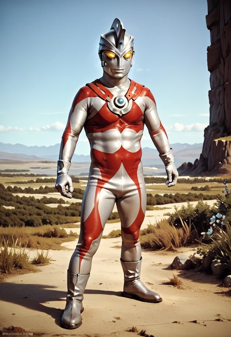score_9, score_8_up, score_7_up, score_6_up, score_5_up, score_4_up, male focus,photo realistic,4K,best quality, no human, ultraman ace, no face,stunding,Portrait,cowboy shot, 1boy, silver glove and boots, standing, silver helmet, no eyes,no nose,no mouth,yellow glowing eyes,  gloves, silver rubber bodysuit with red line, giant,normal body type, painterly, traditional media, realistic,