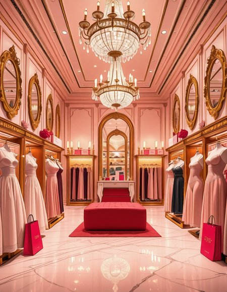A luxurious high-end lingerie boutique interior, inspired by Victoria's Secret flagship stores. Elegant pink and gold color palette, soft ambient lighting, large crystal chandeliers hanging from the ceiling, velvet armchairs, marble floors, and ornate mirrors. Chic lingerie displayed on golden racks and mannequins wearing lace and satin pieces. The boutique features glamorous wall decor, a plush fitting area, and branded shopping bags. The atmosphere is opulent, feminine, and seductive, with a refined and exclusive design. Wide-angle view, sharp focus, cinematic lighting.
<lora:SDXLFaeTastic2400:0.4> <lora:extremely_detailed:0.4> extremely detailed,high-end lingerie b0ut1qu3 <lora:high-end_lingerie_b0ut1qu3-i:1>, Masterpiece,best quality,hi res,8k,hi res,8k,award winning,(sharp focus, intricate, highly detailed),