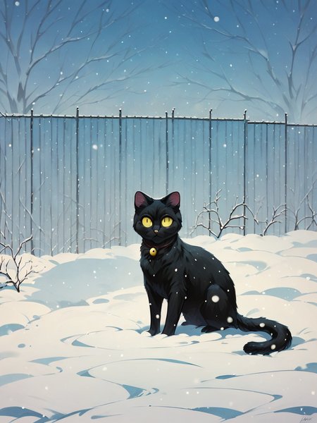 score_9, score_8_up, score_7_up, score_6_up, score_5_up,   <lora:snowXLP:0.8> snow, no humans, black cat, snowing, fence, animal focus, outdoors, animal, sky, signature, yellow eyes, winter, solo
