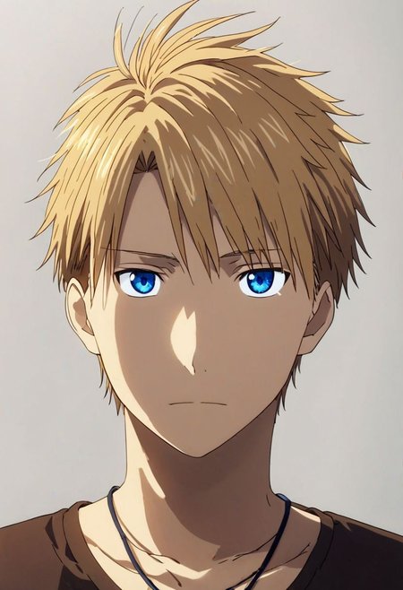 high resolution, solo, best quality, 1Boy, Yamato Ishida, Blond Hair, Blue Eyes, Necklace, potrait, dark shirt, looking at viewer, focused gaze forward, simple background, straight body, upper body, head upright, neutral expresion, OverallDetail
