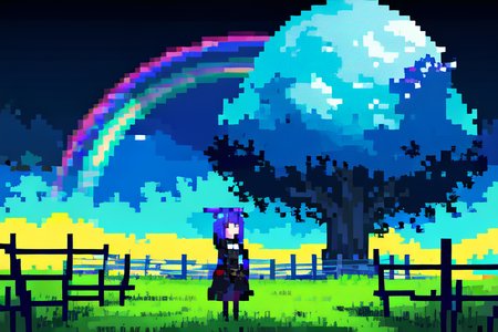 (otherworldly), highly insanely detailed, masterpiece, top quality, best quality, highres, 4k, 8k, RAW photo, (very aesthetic, beautiful and aesthetic), farm, fields, barn, fence, fantfa, <lora:FantasyFarm-10:0.8>, 
1girl, 
(midnight blue hair ,rainbow hair,Iridescence hair), 
(yellow background),âââ