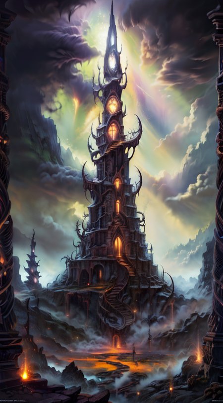 Masterwork Painting, Magnum Opus, 
HDR photo of 
Dreamscape, 
ethereal fantasy concept art of  
 <lora:Wizard_Tower-10:0.75> witow, castle, cloud, cloudy sky, grass, no humans, scenery, sky, tower, tree, 
 <lora:locon_conceptlightning_v1_from_v1_64_32:1> lghtnngprsn, lightning, storm 
<lora:Hell2_v1.0:0.8> demonic, creatures, fire, city, creepy, lava, volcano, castle,
. magnificent, celestial, ethereal, painterly, epic, majestic, magical, fantasy art, cover art, dreamy,
. Surreal, ethereal, dreamy, mysterious, fantasy, highly detailed,
. High dynamic range, vivid, rich details, clear shadows and highlights, realistic, intense, enhanced contrast, highly detailed,
  highres, 8k, uhd, High Dynamic Range, tonemapping, crisp details,  intricate details, fine details