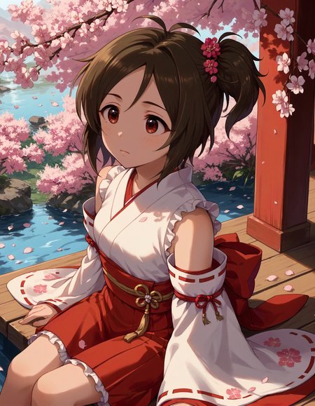 score_9,score_8_up,score_7_up,1girl,solo,sitting,looking away,daze,cherry blossoms,from above,petals,
<lora:doumyoujikarin_ponyXLV6:0.8>,cgdk,brown hair,short hair,one side up,antenna hair,red eyes,
miko,white kimono,detached sleeves,red skirt,frills