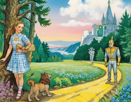 Colored Pencil Art, <lora:vladimirsky:1>, This is a whimsical and enchanting illustration in the style of a brightly colored pencil drawing, inspired by the magical world of The Wizard of the Emerald City by Alexander Volkov. The scene depicts a breathtaking moment from the book, filled with wonder, adventure, and the charm of Oz-like landscapes., 
At the heart of the composition stands Elena (or Ellie), the young heroine, dressed in her iconic blue-and-white checked dress, which is rendered with soft pastel tones and intricate textures to highlight its simplicity yet charm. She holds Totoshka, her loyal dog, close to her chest as they stand at the edge of a winding yellow brick road that stretches into the distance, disappearing into an emerald-green forest. Her expression is one of curiosity and determination, reflecting her brave journey ahead., 
Surrounding Elena are her companions:, 
Strasheelo (Scarecrow) leans casually against a tree trunk, his body made entirely of straw, with stitches and patches clearly visible on his fabric clothing. His face, drawn with delicate shading, shows intelligence and warmth despite being devoid of a brain., 
Zhelezoed (Tin Woodman) stands proudly nearby, his metallic body gleaming with reflections of gold, silver, and copper created through layered colored pencils. His heart-shaped emblem on his chest shines brightly, symbolizing his quest for love and compassion., 
Lev (Cowardly Lion) crouches protectively beside Elena, his golden mane flowing dramatically in the breeze. His features combine strength and vulnerability, capturing his inner struggle for courage., 
In the background, the landscape unfolds in layers of vibrant colors:, 
A vast meadow filled with wildflowers in every hueâblues, purples, yellows, and pinksâstretches toward the horizon., 
In the distance, the spires of the Emerald City rise majestically, their green glow enhanced by subtle highlights and shading techniques., 
Above, the sky transitions from soft morning pink near the horizon to deep azure overhead, dotted with fluffy white clouds., 
Every element in the frame contributes to the mood:, 
Color Palette : Rich, harmonious colors achieved through layered colored pencils bring life to the characters and scenery. Soft pastels for Elena's dress contrast beautifully with the bold greens of the forest and the metallic sheen of Zhelezoed's body., 
Texture & Technique : The use of colored pencil textures emphasizes the unique qualities of each characterâthe roughness of Strasheeloâs straw stuffing, the smooth shine of Zhelezoedâs metal surface, and the soft fur of Levâall rendered with meticulous attention to detail., 
Emotional Depth : The scene radiates hope, friendship, and adventure. Each characterâs expression and posture convey their individual journeys while uniting them in a shared goal., 
The overall tone of the image is joyful, dreamlike, and inspiring, celebrating themes of friendship, self-discovery, and the power of belief. It invites viewers to step into the magical world of the Emerald City and join Elena and her friends on their incredible journey., 
Additional keywords: whimsical art, fairy tale illustration, colorful pencil drawing, fantasy landscape, Volkov inspiration, Wizard of Oz adaptation, vibrant textures, cartoonish realism, magical realism, enchanted atmosphere., colored pencil strokes, light color, visible paper texture, colored pencil art