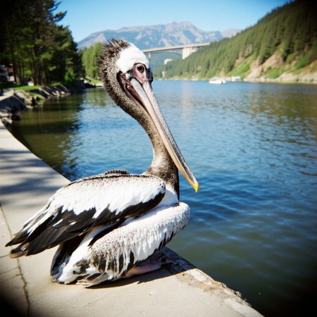 Shot with a Holga camera, a pelican sitting by the river