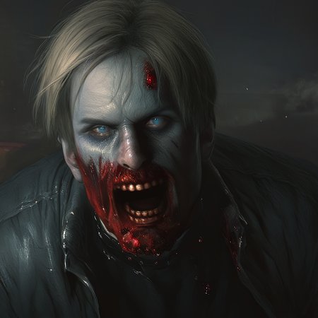 masterpiece,good quality,best quality,newest,absurdres,highres,<lora:re2r_zombie_illustrious_1037223:1>,realistic,1boy,solo,leon s. kennedy,zombie,face,teeth,
