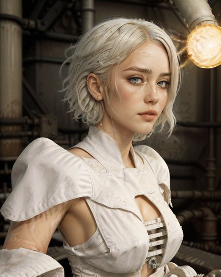 <lora:Hasselblad:1> HBLD photo, thicc thighs, feminine woman, narrow waist, cleavage, fHandDetail cinematic industrial scene of large scale metal forge, (style of Nick Knight), [regal:industrial:0.7] evil queen in almost all white attire, standing with a commanding presence, golden cyborg mechanical hand glinting in the low light, intricate and polished, overlooking a massive industrial forge, the factory filled with heavy machinery and intense heat, metallic surfaces reflecting fiery hues, constructing mechwarrior/ED-209 inspired machines. Her gown is an elaborate blend of traditional and futuristic design, white flowing fabric with subtle metallic accents, high collar, adorned with delicate, glimmering embroidery. Sharp, angular shoulder pads, contrasting with the fluidity of her functional gown. Her expression is stern and unyielding, eyes piercing through the smoky haze, dark makeup accentuating her fierce gaze. Surrounding her are towering robotic constructs, gears and pistons moving rhythmically, sparks flying as metal is forged and shaped, glowing molten metal. Robotic manufacturing machine arms curl in the distance. The atmosphere is dense with smoke and the scent of molten metal, creating a stark contrast to her pristine appearance, a juxtaposition of purity and raw industrial power. full body dynamic pose, full length, wide shot, entire person, standing, head to toe, long shot, distant view, (chin-length short hair, bleached white-colored hair, curly hair, center part:1.63), BREAK (24 years old feminine seductress, young european woman:1.42), BREAK (Oval-shaped face, luminous complexion, glowing aqua+ almond-shaped eyes, thin brows, small upturned nose, thin supple lips:1.23), volumetric lighting, subsurface scattering, (special effects, color grading, fantasy aura)