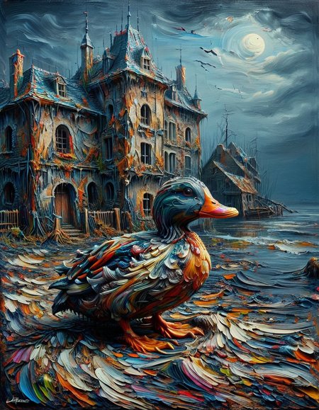 An ais-acrylicz painting of haunted duck, shore of France in XVIII century
