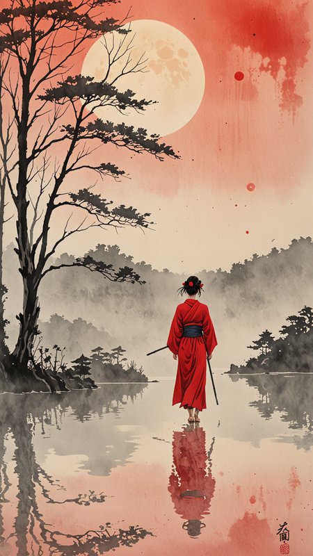 Watercolour paint effect, on partchment, red moon, Lake, japanese writing, ripples, sky, trees, reflection, mist, woman, <lora:Paint_Effects_SDXL_-_By_DICE:1>, Watercolour Paint Effect