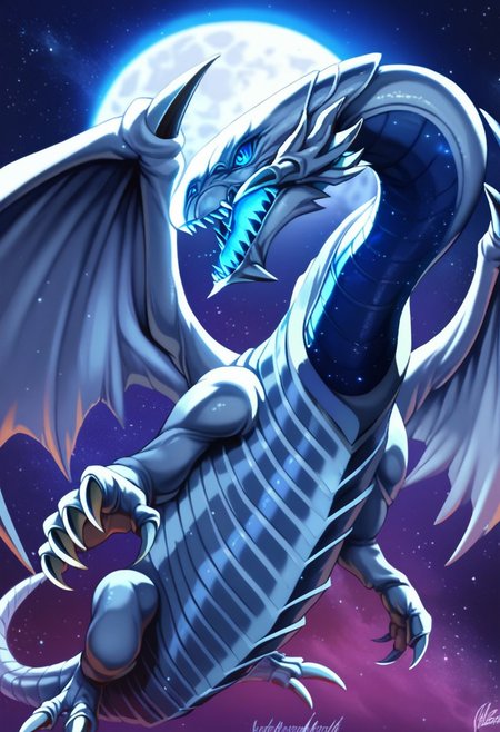 score_9_up, score_8_up, score_7_up, score_6_up, bewd, blue-eyes white dragon, dragon, giant dragon, silver metal scales, metallic scales, realistic metal scales, scaly body, polished scales, reflective metal scales, segmented body, claws, wings, dragon wings, blue eyes, (glowing blue eyes), (Cosmic background)