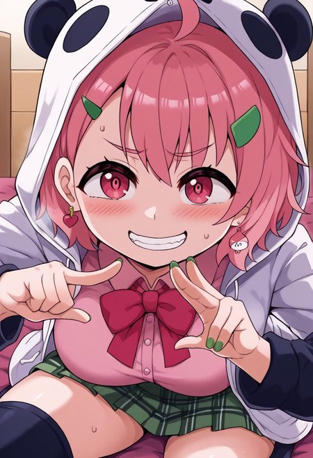 source_anime, rating_safe, BREAK <lora:sakuSasaki_XL-Pony_LoRA-C3Lier_16-16-8-8_AdamW_Un3e-4_Te1.5e-4_10batch:1>, sasaki saku, 1girl, virtual youtuber, pink hair, multicolored hair, short hair, ahoge, pink eyes, green nails, mole under eye, hairclip, earrings, animal hood, panda hood, hood up, two-tone jacket, white jacket, black sleeves, long sleeves, collared shirt, pink shirt, red bowtie, plaid skirt, green skirt,  ,,, ,,,, , ,,,, ,,, ,,, ,, ,, ,, , , ,,huge breasts,5 fingers,, ,,,,,,,,,,,,Both hands Peace , grin