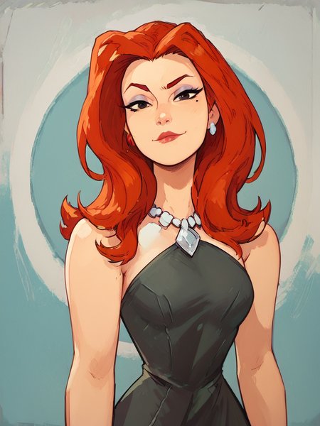 easynegative, zPDXL ,1girl, solo, cowboy shot, looking at the viewer, flirty, smug
<lora:Sheera_Mightor_Pony:1> sheera, red hair, long hair,  lipstick, makeup, black eyes, dress, necklace
<lora:bp4rtXLP:.55> <lora:Expressive_H:.65>expressiveh <lora:Raichiyo_Style_v2:.65>raichiyo33âââ