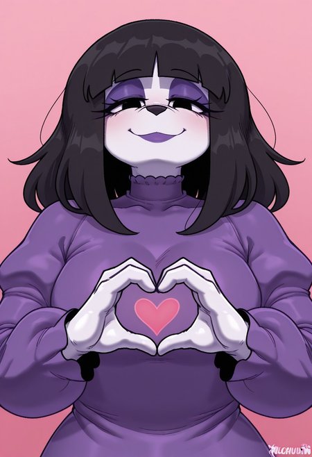 1girl, solo, medium build, medium hair, sfw, safe for work, covered skin, flowy dress,  black eyes, purple lipgloss, smiling, portrait, upper body, heart hands, foreshortening, detailed, newest,cuch, furry female, furry, anthro