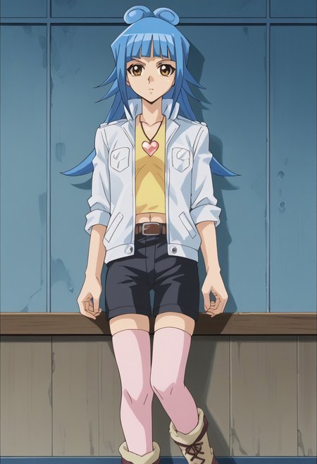 score_8, score_8_up, score_7_up, source_anime BREAK 1girl, female focus, solo, Misaki_2011, blue hair, hair bun, long hair, green eyes, pendant, heart pendant, green shirt, jacket, white jacket, open jacket, navel, belt, shorts, black shorts, thighhighs, pink thighhighs, pink socks, boots,