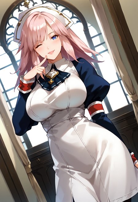 score_9, score_7_up, hd, (ultra hd quality details), source_anime, indoors,
solo, 1girl, gbfgab, large breasts, huge breasts, pink hair,
maid, nurse cap, white and blue dress, juliet sleeves, armband, long sleeves, black pantyhose,
looking at viewer, blush, smile, lips, one eye closed,
standing, finger to mouth, dutch angle,
<lora:_gabriel_gbf-elesico-ponyr1:1>