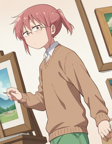 score_9, score_8_up, score_7_up, source_anime, <lora:dragon-kobayashi-s2-ponyxl-lora-nochekaiser:1>, kobayashi, ponytail, pink hair, glasses, short hair, brown eyes,, shirt, long sleeves, white shirt, collared shirt, pants, sweater, brown sweater, green pants,, museum, art exhibit, paintings, observing, quiet contemplation, cultural experience, , looking at viewer, from side, solo,, dutch angle,