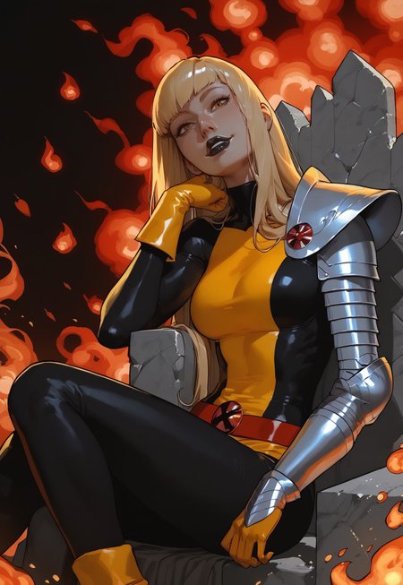 safe_pos, score_9, score_8_up, score_7_up, masterpiece, high quality <lora:Magik ClassicPonyLoRA:1> mgik, long hair, bangs, single gauntlet, black bodysuit, yellow stripe, single yellow glove, shoulder armor, red belt, asymmetrical legwear, arms crossed, leaning head on fist, head tilt, seductive smile, confident, in hell, limbo, flames, fire, molten lava, rock, ((sitting on a throne)), black lipstick, parted lips, ((close up, zoom in))
