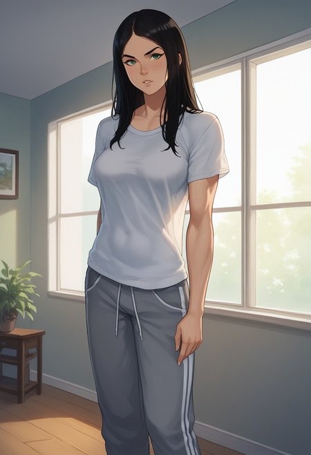 laura kinney, 1girl, muscular , pale skin,solo, black hair, very long hair, black hair,  straight hair,pale skin, green eyes, athletic girl, skinny muscular girl, looking at viewer, , perfect legs,score_9, score_8_up, score_8, 1girl, solo, looking at viewer, wide track pants,loose pants, oversized t-shirt, oversized trousers, loose t-shirt, oversize,
cartoon of amraql, , best quality,
1girl, sexy girl,
perfect medium breasts, parted lips, indoors, detailed background