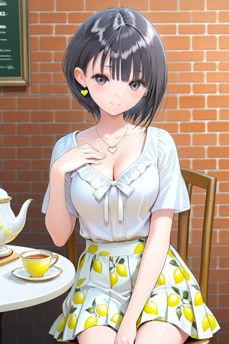 <lora:Shirai_Hinako_Blue_Reflection_illus:1>Shirai Hinako, lemon print skirt, casual outfit, 1girl, solo, looking at viewer, short hair, bangs, skirt, shirt, black hair, cafe background, closed mouth, sitting on the chair, table with sponge cake teapot and cup of tea, collarbone, white shirt, short sleeves, cowboy shot, medium pleated skirt, food, black eyes, gradient, fruit, bob cut, white skirt, lemon print skirt, anime color, cleavage, seductive smile, young-adult,  <lora:Add_more_details_pony:0.8> brick wall, one hand on chest, heart necklace, heart earrings,
