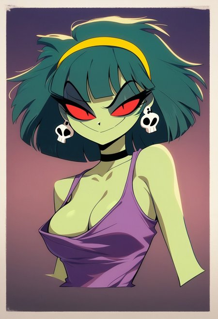 HCSV1,
1girl, solo, portrait, bangs, sidelocks, hairband, smile, smirk, earrings, jewelry, breasts, cleavage, collarbone, green hair, green skin, colored skin, short hair, red eyes, closed mouth, bare shoulders, medium breasts, gradient background, skull earrings, yellow hairband, choker, looking at viewer, black choker, zombie, tank top, purple tank top