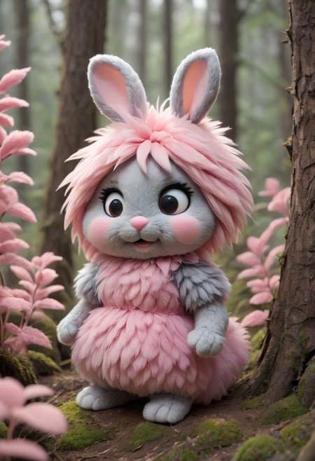 source_anime, Cute wonderful creatures, Microphotography, chibi, cute  fluffy rabbits ,pink and grey, in a dreamy forest, ispzxll, In a felt puppet world style,