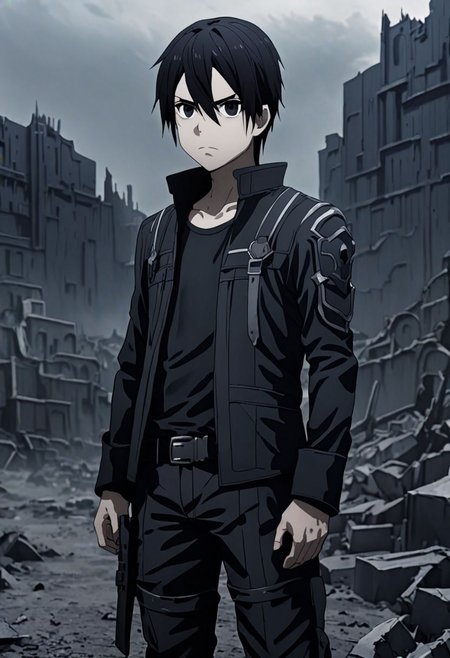 high resolution, professional photography, best quality, 1Boy, Kirigaya Kazuto, Black Hair, Black Eyes, overalldetail, dystopia, black jacket, black shirt, serious looking, black pants, armor, dark fantasy