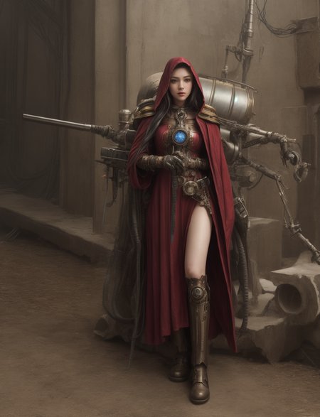 Ultra-realistic 8k CG, masterpiece, best quality, (very detailed face),masterpiece, best quality, 1girl, 20 years old, woman, colorful, (full body, wide shot),  <lora:more_details:0.8>  <lora:techpriest:0.8> mechanical arms, steampunk, hood, robe, techpriest, forgeworld, adeptus mechanicus,