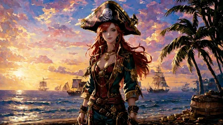 (young redhead pirate woman), ((oil paint) portrait), (parrot:1.2), sharp focus, (ultradetailed), (standing), (happy) smile, pirate (ship galleon:1.2,  hoop earrings, gold medallion, Dark Brown pirate clothes, pirate hat, hips,  pirate (village), leafy beach coast, (treasure chest with coins, gems and jewels:1.2), (rum barrel), best quality masterpiece,  bright sunny sky, backlight, natural lights, high contrast, hdr, shadows, pretty, beautiful, feminine, sexy, adorable, lovely, in love, (PirateDiffusionprt:0.5),  <lora:Pirate:0.3>  PrateT  <lora:PirateRealms:0.3> <lora:Detail Tweaker LoRA add_detail:0.8> <lora:depth_of_field_slider_v1:5> <lora:SDXLrender_v2.0:0.9>