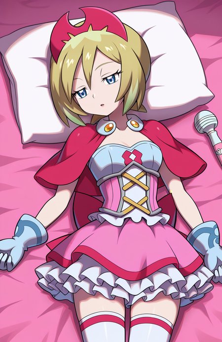 1girl, solo,  <lora:PiratesCurse:1> prtcrs,
irida \(pokemon\), blonde hair, blue eyes, magical girl armor, frilled skirt, thighhigh stockings, gloves, magic wand, capelet,
lying, relaxed, arms at side, blissful gaze, near sleep, extremely detailed, highres, masterpiece, best quality