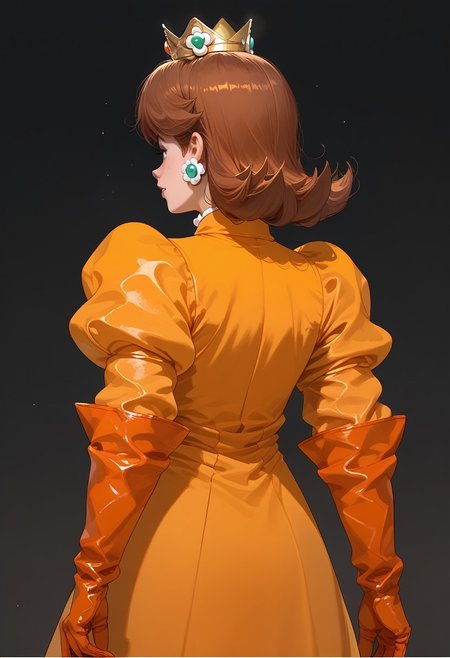 Score_9, score_8_up, score_7_up, best quality, (((Oversized gloves, Orange gloves))), 1girl, from behind, princess daisy, pantsuit,