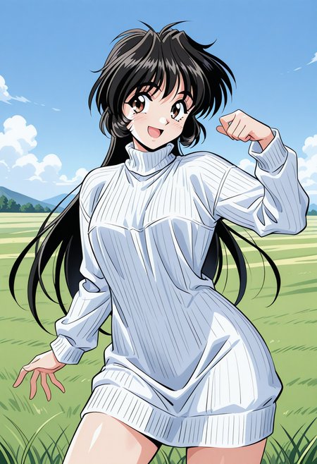 inuzuka_saori, brown eyes, black hair, long hair, sweater dress, turtleneck, ribbed sweater, long sleeves, <lora:Graduation_inuzuka_saori_illustrious_ver1:0.8> 
smile,, masterpiece, best quality, very aesthetic, absurdres, general,, 1girl, solo, blue sky, (grasslands:1.2), looking at viewer,, (cowboy shot, dynamic pose:1.4),