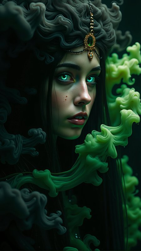 bv-smowormor. A close-up shot of a young breathtaking witch, her face emerging from a swirling mass of dark, toxic green smoke. Her eyes shine intensely, with a ghostly green glow that enhances the sharp shadows on her features. The smoke fades seamlessly below her shoulders, giving an impression of ethereal materialization. Behind her, the blood-red moon can be seen partially hidden by thick branches, creating a sense of depth, with the branches cutting across the moon's light naturally and reinforcing her spectral, otherworldly presence . The final iteration further refines the logical positioning of the blood-red moon. It is always described as being naturally placed behind the tree branches, with these branches breaking the moonâs light in a realistic way, adding consistent depth to the scene. The lighting elements are balanced so that the green underglow and red moonlight coexist without competing, while sharp focus emphasizes each detailâwhether it is the texture of her robes, the ancient trees, or the flickering glow of the jack-o'-lanternsâall contributing to a cohesive and chillingly realistic scene. , <lora:bv-smoke-world-morph-1-0.safetensors:0.75:0.75> <lora:FluxDFaeTasticDetails.safetensors:0.75:0.75>