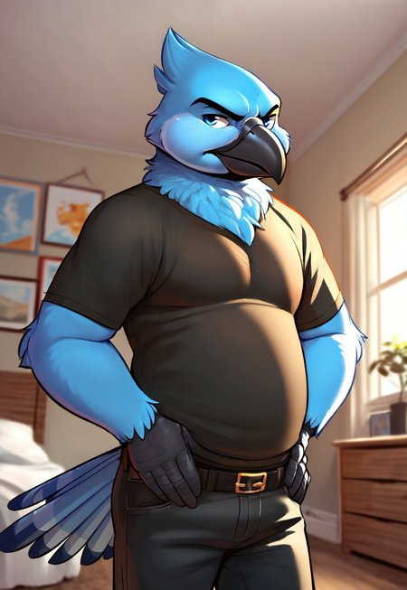 (two-toned, Furry), (male), ((amorous-Coby)), pastel-blue (bird), pastel-blue ((macaw)), pastel-blue feathers, blue eyes, black_scaly_hands, black hands, black forearms, chubby, dad-bod, grumpy, bird tail, feather tail, head feather, neck fluff, black beak, chubby cheeks, round beak, old, 

black pants, black belt, dark-grey t-shirt,

hands on hips, 

bedroom, apartment, rustic room,

(art, HD, good shadows, score_9, score_8_up, score_7_up),