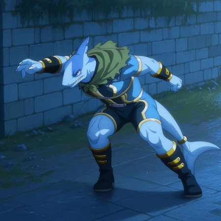 masterpiece, best quality, amazing quality, Arabaslfil, anthro, male, shark, blue skin, blue eyes,  gold trimmed blue bodysuit, gold armbands, gold trimmed dark blue bracers, gold trimmed dark blue boots, green capelet, gold tail ring, outside, fighting stance, 1boy, solo