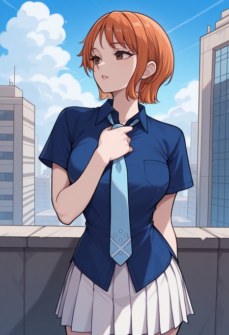 masterpiece, best quality, newest, solo, 1girl, n4m1clrd, parted lips, looking to the side, standing, adjusting necktie, short hair, orange hair, brown eyes, blue shirt, collared shirt, untucked shirt, loose shirt, light blue necktie, short sleeves, white skirt, pleated skirt, outdoors, blue sky, cloud, city, building
<segment:yolo-Anzhc Face seg 640 v3 y11n.pt,0.4,1//cid=11>
