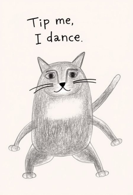 ART BRUT CAT dancing and saying "Tip me, I dance!"