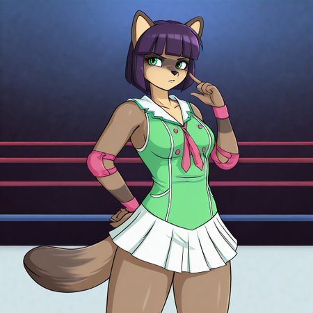 3n4,1girl,solo,furry,furry female,raccoon girl,racoon ears,short hair,black hair,purple hair,blunt bangs,bob cut,green eyes,snout,animal nose,body fur,two-tone fur,racoon tail, wristband, elbow pads, necktie, green shirt, white sailor collar, sleeveless, pleated skirt, white skirt, miniskirt, indoors, wrestling ring