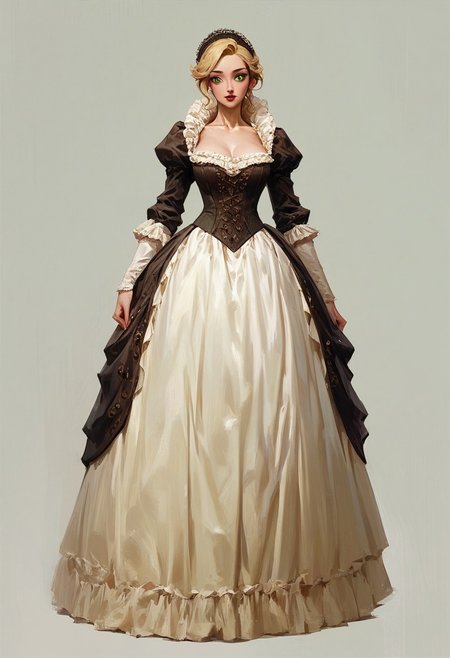 score_9,score_8_up,score_7_up,score_6_up, 1girl, solo, green eyes, blonde hair, shining blonde hair, blonde eyebrow, long eyelash, red lips, naive face, big breast, victorian dress, full body, The Phantom of the Opera style