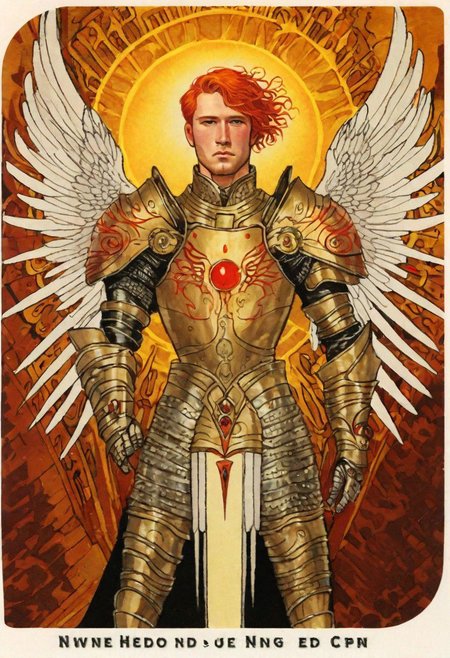 ((art deco)), art by Seb Mckinnon, beautiful man in elegant armor, groom, red hair, halo, (red angel_wings), golden skin, jewelry, golden arc, fiery sun, 5 wings